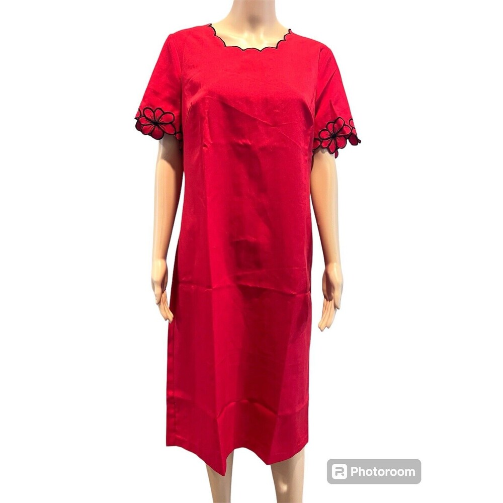 Anthony Richards Women’s Red Midi Dress With Black Floral Embroidered Size 10